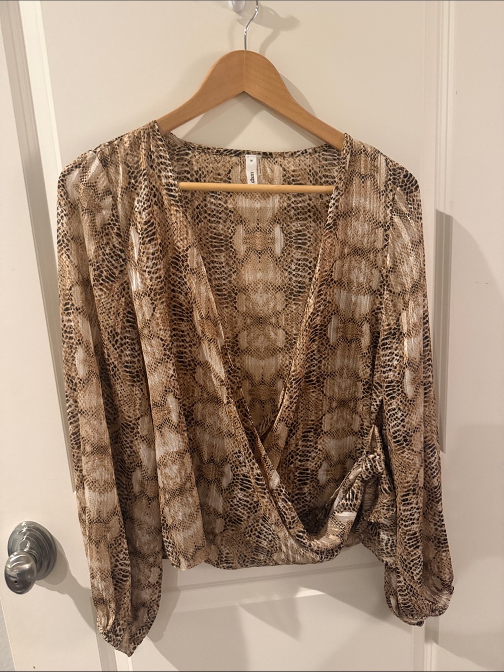 glam Brown Snake-Print Wrap Blouse